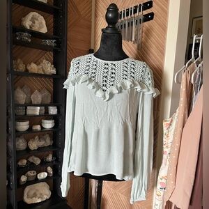 Free The Roses Light Teal Blue Green Long Sleeve Crocheted Tie Neck Blouse
